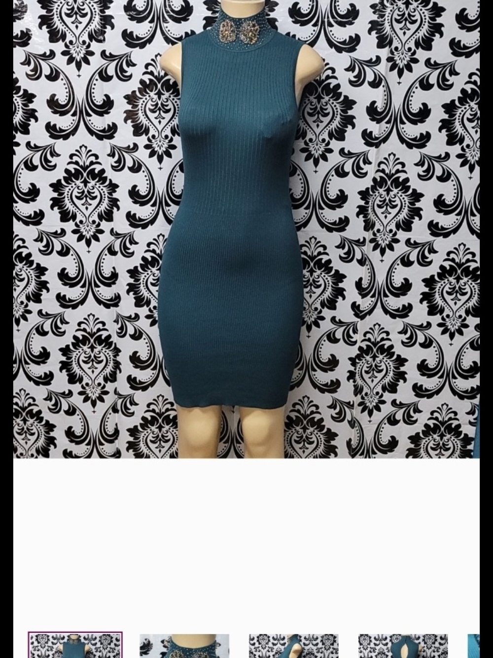 Nikibiki Teal Ribbed Sleeveless Bodycon Mini Dress with Embellished Collar